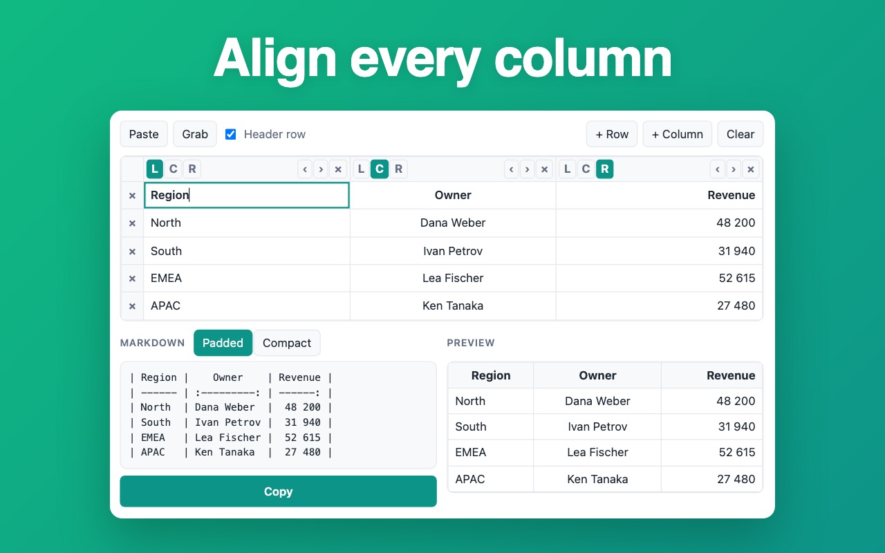 Markdown Table Generator — screen 2